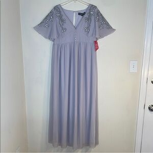 Little Mistress Maternity Lilac Maxi Dress with Embroidered Sleeves. 12. NWT.